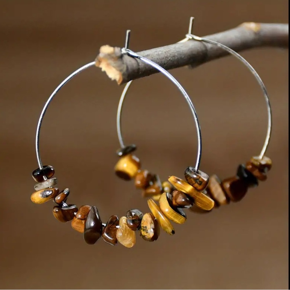 Tiger’s Eye Gemstone Stone Chip Silver Hoop Earrings